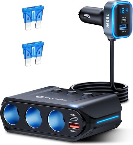 موزع ولاعة سجائر بمقبس 180 وات لشاحن طاقة السيارة، محول ولاعة سجائر USB C مع منفذ Type-C 20 وات ومنفذ USB QC 3.0، 2 صمامات 15 أمبير قابلة للاستبدال، الفولتميتر LED لكاميرا iPhone GPS Dash Cam in Kuwait