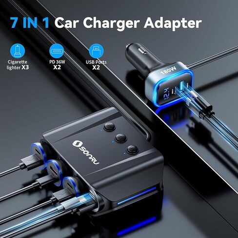 موزع ولاعة سجائر بمقبس 180 وات لشاحن طاقة السيارة، محول ولاعة سجائر USB C مع منفذ Type-C 20 وات ومنفذ USB QC 3.0، 2 صمامات 15 أمبير قابلة للاستبدال، الفولتميتر LED لكاميرا iPhone GPS Dash Cam in Kuwait