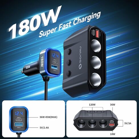 موزع ولاعة سجائر بمقبس 180 وات لشاحن طاقة السيارة، محول ولاعة سجائر USB C مع منفذ Type-C 20 وات ومنفذ USB QC 3.0، 2 صمامات 15 أمبير قابلة للاستبدال، الفولتميتر LED لكاميرا iPhone GPS Dash Cam in Kuwait