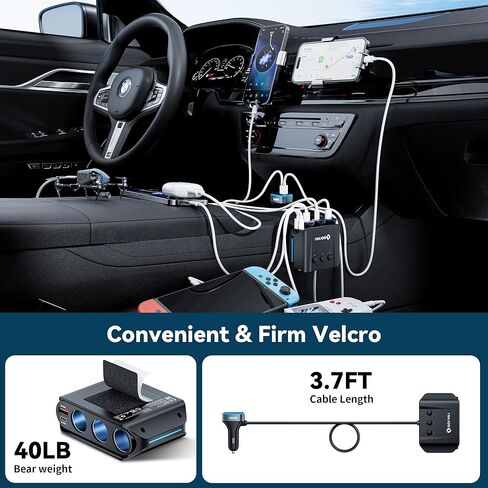 موزع ولاعة سجائر بمقبس 180 وات لشاحن طاقة السيارة، محول ولاعة سجائر USB C مع منفذ Type-C 20 وات ومنفذ USB QC 3.0، 2 صمامات 15 أمبير قابلة للاستبدال، الفولتميتر LED لكاميرا iPhone GPS Dash Cam in Kuwait