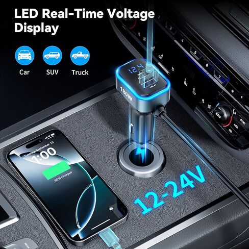 موزع ولاعة سجائر بمقبس 180 وات لشاحن طاقة السيارة، محول ولاعة سجائر USB C مع منفذ Type-C 20 وات ومنفذ USB QC 3.0، 2 صمامات 15 أمبير قابلة للاستبدال، الفولتميتر LED لكاميرا iPhone GPS Dash Cam in Kuwait