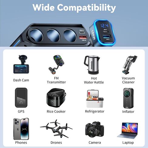 موزع ولاعة سجائر بمقبس 180 وات لشاحن طاقة السيارة، محول ولاعة سجائر USB C مع منفذ Type-C 20 وات ومنفذ USB QC 3.0، 2 صمامات 15 أمبير قابلة للاستبدال، الفولتميتر LED لكاميرا iPhone GPS Dash Cam in Kuwait