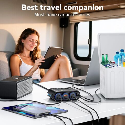 موزع ولاعة سجائر بمقبس 180 وات لشاحن طاقة السيارة، محول ولاعة سجائر USB C مع منفذ Type-C 20 وات ومنفذ USB QC 3.0، 2 صمامات 15 أمبير قابلة للاستبدال، الفولتميتر LED لكاميرا iPhone GPS Dash Cam in Kuwait