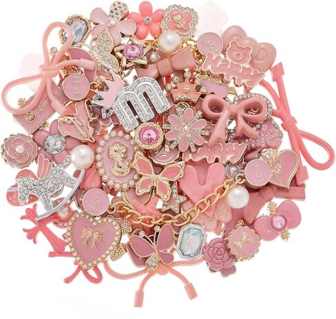 30,50pcs Pink Bling Random Shoe Charms for Girls Women Cute Pearl Butterfly Flower Chains Shoes Accessories Decorations for Clog Sandals Birthdays Party Favors Decorations Gifts in Saudi Arabia