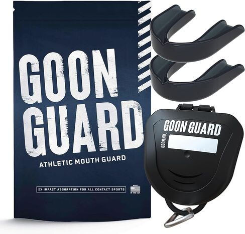 Goon Guard Hockey Mouth Guard بدون حمالات - واقي فم الهوكي للبالغين والأقواس: 2X امتصاص الصدمات، صنع في الولايات المتحدة الأمريكية، يتضمن الجراب (Puck Black & Pond Blue) in Kuwait