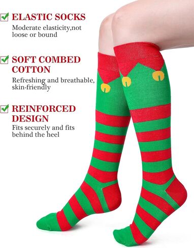 6 Pairs Christmas Knee High Socks for Women Bulk, Christmas Socks Gifts for Women Girls Christmas Elf Socks Long Xmas Socks Colorful Cotton Holiday Socks for Adults in Kuwait