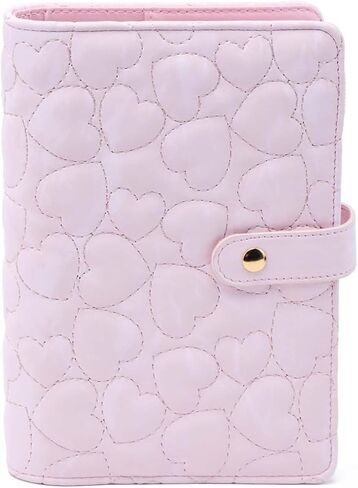 Mogoostry A6 Binder Cover Heart Shaped Stitching PU Pink Leather 6 Ring Loose Leaf Refillable Notebook Round Ring Binder Protector Snap Closure Budget Folder in Saudi Arabia