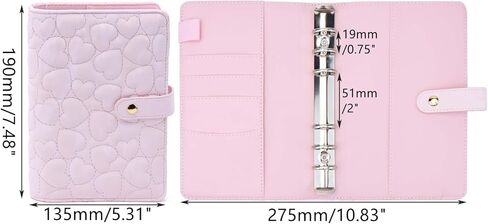 Mogoostry A6 Binder Cover Heart Shaped Stitching PU Pink Leather 6 Ring Loose Leaf Refillable Notebook Round Ring Binder Protector Snap Closure Budget Folder in Saudi Arabia
