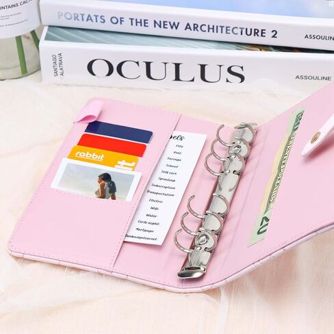 Mogoostry A6 Binder Cover Heart Shaped Stitching PU Pink Leather 6 Ring Loose Leaf Refillable Notebook Round Ring Binder Protector Snap Closure Budget Folder in Saudi Arabia