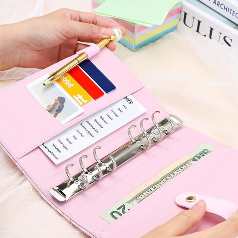 Mogoostry A6 Binder Cover Heart Shaped Stitching PU Pink Leather 6 Ring Loose Leaf Refillable Notebook Round Ring Binder Protector Snap Closure Budget Folder in Saudi Arabia