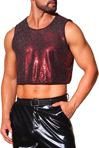 Lars Amadeus Metallic Sequins Tank Top for Men's Crewneck Sleeveless Cropped Festival Vest in Saudi Arabia