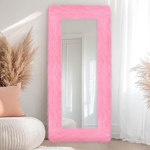 Pink Fluffy Full Length Mirror Frame Decor 64 x 21 Inch Universal Ultra Soft Non Slip Border Cover with Adhesive Tape for Mirror with Stand Bedroom Cloakroom Home Decoration Women Girls Gifts in Saudi Arabia