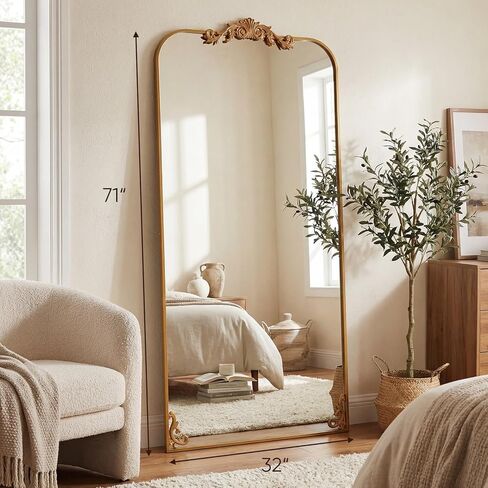 Antok Arched Full Length Mirror, 71"x32" Floor Mirror with Carved, Full Body Mirrors for HomeDecor, Standing/Halling Large Wall Mirror for Bedroom, Living Room, Cloakroom, Silver, Luxury Style in Kuwait