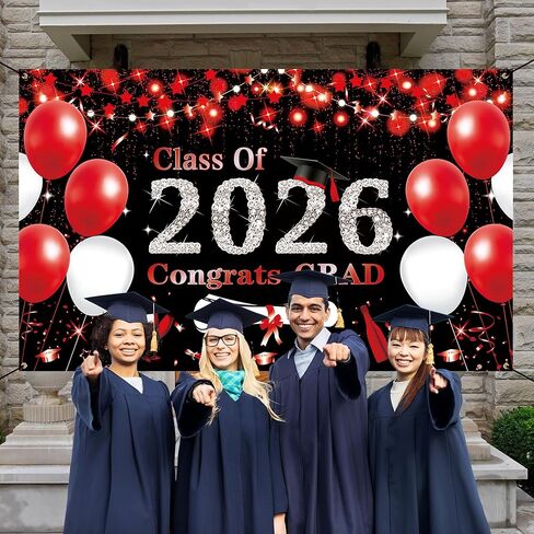 DARUNAXY Black Red Graduation Party Decorations, Red 6x3.6ft Red Class of 2025 Graduation Banner for Men Women 2025 Congrats Grad Party Supplies Masters Congratulations Graduates Backdrop Party in Kuwait