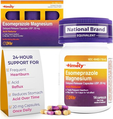 TIME-CAP LABS, INC. Timely Esomeprazole Acid Reducer 42 Capsules - Compared to Nexium 24HR - Delayed Release Esomeprazole Magnesium 20mg - Heartburn Medicine for 24hr Relief and Acid Reflux Control in Kuwait