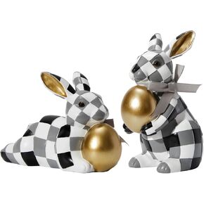 WDS WONDROUS Easter Decorations Bunny Figurines Set, Slate Blue White Checkerboard with Gold Egg & Blue Bow - Vintage Luxury Resin Home Decor for Mantel, Shelf, Office Spring Wedding Gift in Kuwait