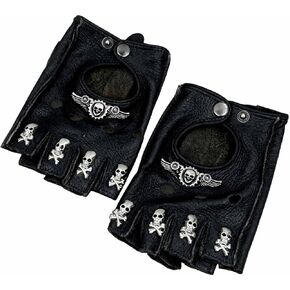 1 Pair Half Finger Genuine Leather Gloves Studded Feather Skull Mens Punk Rock Party Gloves in Kuwait