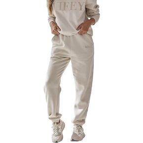ست قصص | Wifey Sweatpants في الشمبانيا | ركض النساء الصوف المصقول | بنطال مريح من القطن المطرز in Kuwait