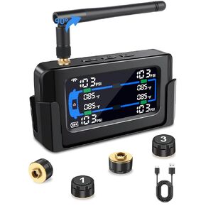 【Limited】 Metal Sensor RV Tire Pressure Monitoring System TPMS Tire Pressure Monitor System RV Trailer 4 Sensors 130PSI Signal Booster Antenna 33ft Solar/USB Charging for Travel Truck Color Display in Kuwait