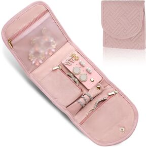 Travel Jewelry Organizer Roll – Foldable Jewelry Storage Bag for Rings, Necklaces, Earrings & Bracelets, Portable Mini Soft Pink Travel Jewelry Case for Women in Saudi Arabia