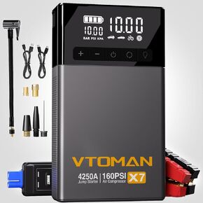 VTOMAN X7 Jump Starter مع ضاغط هواء، 4250 أمبير و160 رطل لكل بوصة مربعة شاحنات صغيرة وسيارات الدفع الرباعي بطارية السيارة المحمولة (10 لتر غاز/10 لتر ديزل) مع منفاخ إطارات ذات إغلاق تلقائي، صندوق معزز ليثيوم 12 فولت، QC3.0 in Kuwait