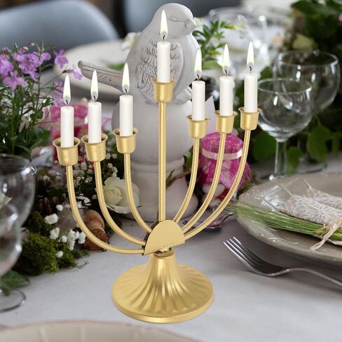 Luxshiny Hanukkah Menorah 7 حامل شموع متعدد الرؤوس حامل شموع معدني ذهبي اللون لتزيين طاولة العطلات للاستخدام المنزلي in Kuwait