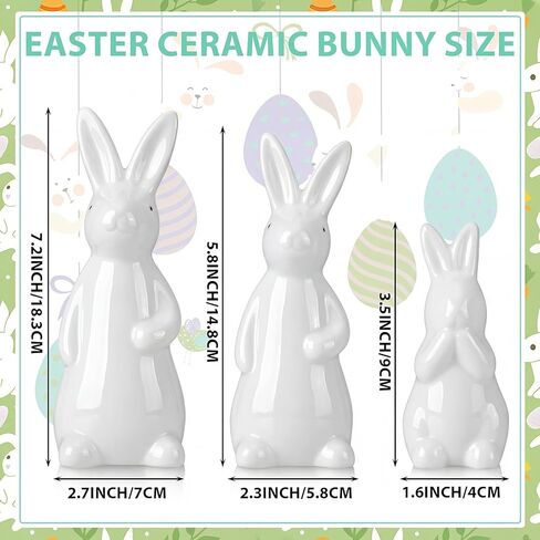 Qinyoung 3 Pcs Large Easter Ceramic Bunny Figurines Decor White Porcelain Modern Tabletop Desktop Bookshelf Adornments Unique Decor DIY Art Crafts Statues for Easter Spring Weddings Home(White) in Saudi Arabia
