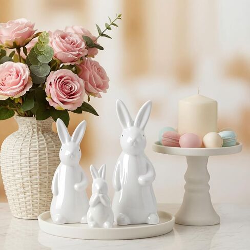 Qinyoung 3 Pcs Large Easter Ceramic Bunny Figurines Decor White Porcelain Modern Tabletop Desktop Bookshelf Adornments Unique Decor DIY Art Crafts Statues for Easter Spring Weddings Home(White) in Saudi Arabia