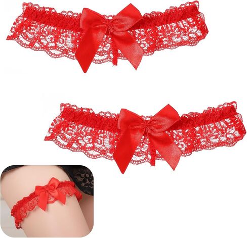 2PCS Red Lace Bow Thigh Garter, Red Wedding Garters for Bride Stretch Thigh Lace Bowknot Garter Bowknot Elastic Leg Ring Wedding Party Porm Body Accessories for Women Girls in Saudi Arabia