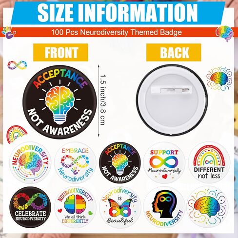 Kigeli 100 Pcs Neurodiversity Pins Celebrate Neurodiversity Brain Buttons Autism Rainbow Badge Words World Autism Awareness Day Brooch Special Education Supply for Clothe Bag Accessories in Saudi Arabia