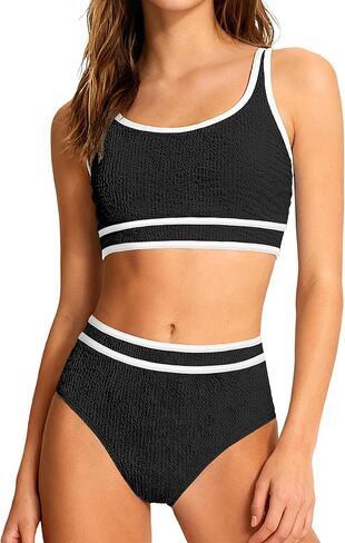 Girls Swimsuit Two Piece High Waisted Athletic Swim Suits Fashion Piping Girls Bikini Bathing Suit Set 9-16 Years in Kuwait