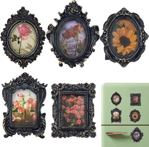 Mini Gold Magnetic Picture Frames for Refrigerator, 5 Small Vintage Photo Frames with Soft Magnet Backing, Victorian Style Decor for Kitchen Office Home in Saudi Arabia