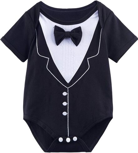 A&J DESIGN Baby Boys Tuxedo Bodysuit One-Piece with Bow tie 3-24 Months | Infant Outfit, Embroidered, Breathable, Pure Cotton, Lightweight, Real Bow Tie, Short Sleeve Skin-Friendly, Birthday, Formal in Kuwait