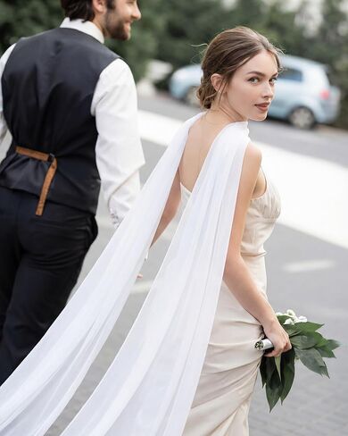 Bridal Neck Scarf Long for Wedding 157 Inch White Chiffon Veil Scarf for Bride Minimalist Tulle Wrap for Ceremony Elopement Evening Dress Reception Bridal Portrait in Kuwait