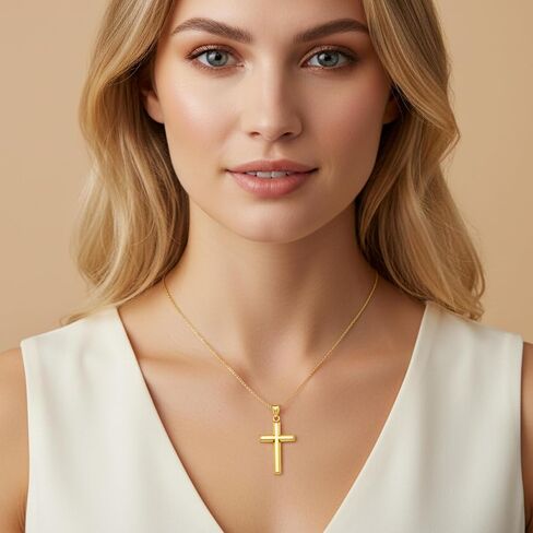 Italian 14K Solid Gold Flat Tube Cross Pendant for Men & Women - Real 14K Yellow Gold Cross Pendants for Women Religious Faith Catholic Jewelry (45 x 25MM) in Saudi Arabia