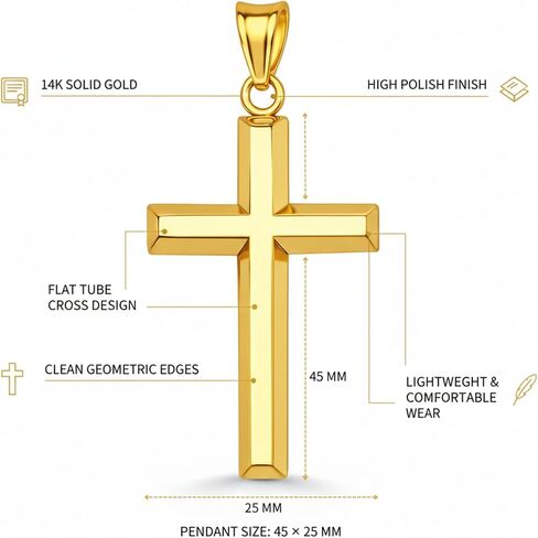 Italian 14K Solid Gold Flat Tube Cross Pendant for Men & Women - Real 14K Yellow Gold Cross Pendants for Women Religious Faith Catholic Jewelry (45 x 25MM) in Saudi Arabia