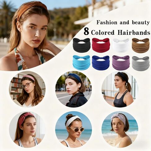 Wide Elastic Head Bands,Fashion,Makeup, Large Knotted Soft Headband for Washing Face, Sports Stretchy Sweat Bands,Headbands for Women, Non-Slip Thick Hair Bands,Workout, Spa, Running, 8-Pack in Saudi Arabia