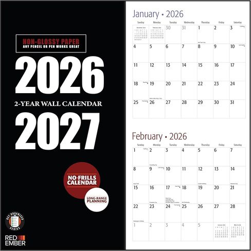 تقويم حائط RED EMBER لمدة عامين 2026-2027 لمدة 24 شهرًا | 12 بوصة × 24 بوصة مفتوح | ورق سميك وقوي | هدية العيد | تقويم المخطط 2026 و 2027 in Kuwait