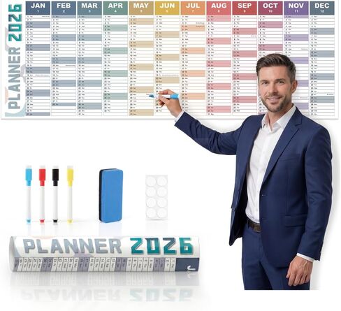 مخطط حائط 2026 كبير مقاس 47.2 × 16.5 بوصة - تقويم عام مصفح على الوجهين مع تغليف ملفوف، تصميم مضاد للتجاعيد، 8 ملصقات - منظم حائط للمكتب المنزلي، ألوان زاهية in Saudi Arabia