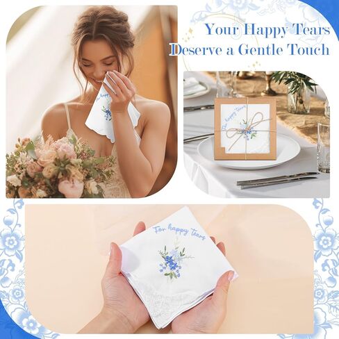 Booson 6 عبوات من مناديل الزفاف المطرزة Happy Tears مقاس 11 بوصة مناديل دانتيل زهرية هدية زفاف زرقاء للعروس in Saudi Arabia