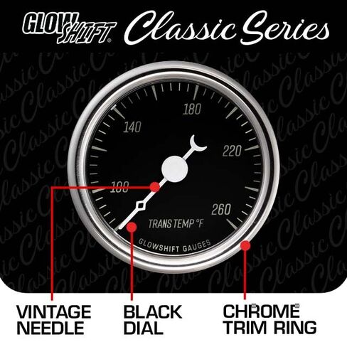 مجموعة قياس درجة حرارة ناقل الحركة GlowShift Classic Series 260F - تتضمن مستشعرًا إلكترونيًا 1/8-27 NPT وأحزمة أسلاك - قرص أسود - LED أبيض - تصميم على الطراز العتيق - قطر 2-1/16 بوصة (52 مم) in Kuwait