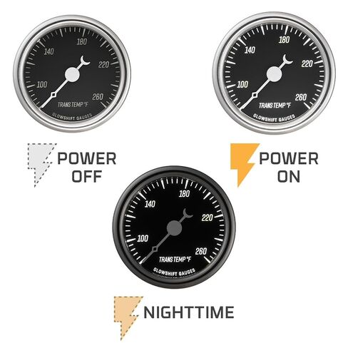 مجموعة قياس درجة حرارة ناقل الحركة GlowShift Classic Series 260F - تتضمن مستشعرًا إلكترونيًا 1/8-27 NPT وأحزمة أسلاك - قرص أسود - LED أبيض - تصميم على الطراز العتيق - قطر 2-1/16 بوصة (52 مم) in Kuwait