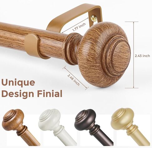 Wood Curtain Rods for Windows 66 to 120 Inch, Boho Vintage Decorative 1 Inch Diameter Long Wooden Curtain Rod, Adjustable Heavy Duty Rustic Farmhouse Drapery Pole with Wood Grain Finials in Saudi Arabia