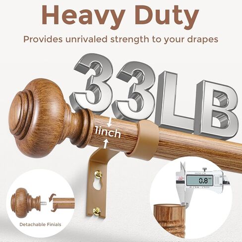 Wood Curtain Rods for Windows 66 to 120 Inch, Boho Vintage Decorative 1 Inch Diameter Long Wooden Curtain Rod, Adjustable Heavy Duty Rustic Farmhouse Drapery Pole with Wood Grain Finials in Saudi Arabia
