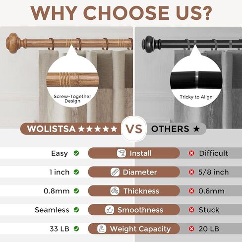 Wood Curtain Rods for Windows 66 to 120 Inch, Boho Vintage Decorative 1 Inch Diameter Long Wooden Curtain Rod, Adjustable Heavy Duty Rustic Farmhouse Drapery Pole with Wood Grain Finials in Saudi Arabia