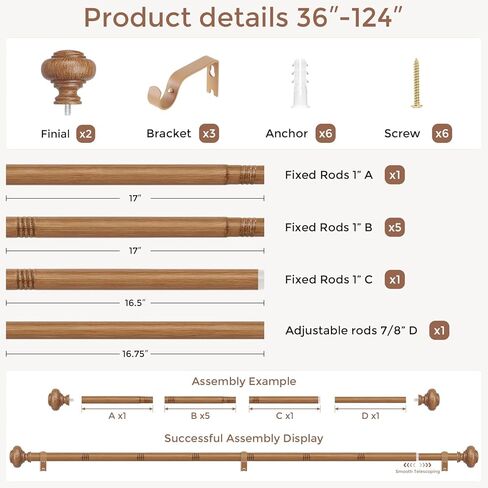 Wood Curtain Rods for Windows 66 to 120 Inch, Boho Vintage Decorative 1 Inch Diameter Long Wooden Curtain Rod, Adjustable Heavy Duty Rustic Farmhouse Drapery Pole with Wood Grain Finials in Saudi Arabia