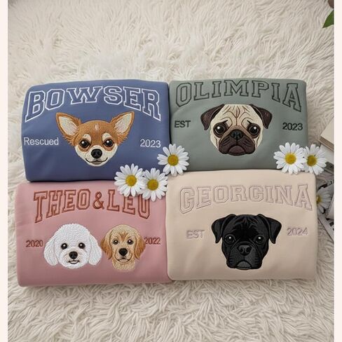 GODMERCH Personalized Pet Face Embroidered Sweatshirt with Custom Name and Year, Custom Dog Portrait Stitch Shirt for Pet Lovers, Cozy Crewneck Pullover with Embroidery Detail in Saudi Arabia
