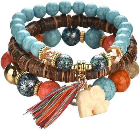 Hithop Bohemian Wood Beaded Bracelets & Bangles For Women Ethnic Tassel Elephant Multilayer Bracelet Charm Pulseiras Bijoux Candy Color Creative Gift Home Christmas Decor Clearance (Blue) in Saudi Arabia