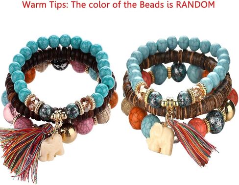 Hithop Bohemian Wood Beaded Bracelets & Bangles For Women Ethnic Tassel Elephant Multilayer Bracelet Charm Pulseiras Bijoux Candy Color Creative Gift Home Christmas Decor Clearance (Blue) in Saudi Arabia