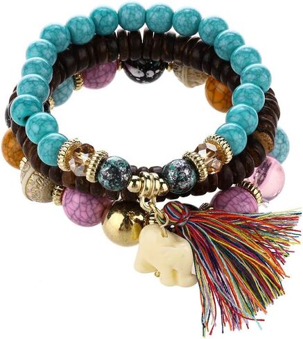 Hithop Bohemian Wood Beaded Bracelets & Bangles For Women Ethnic Tassel Elephant Multilayer Bracelet Charm Pulseiras Bijoux Candy Color Creative Gift Home Christmas Decor Clearance (Blue) in Saudi Arabia